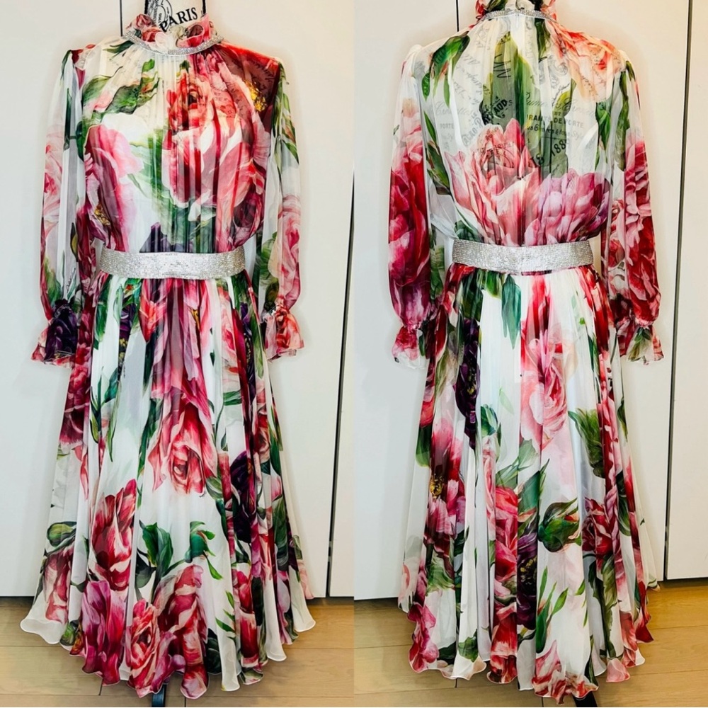 Dolce & Gabbana Peony Print Chiffon Dress With Crystal Belt - Picture 9 of 14
